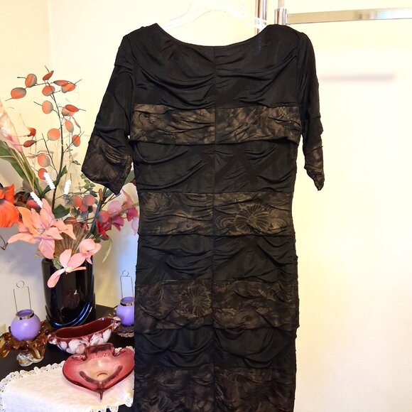 NWT Simon Chang Women's Well Tailored ¾ Sleeve Brown Gold Midi Lined Dress 8 M - Picture 11 of 11